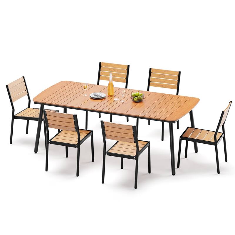 7-Piece Patio Outdoor Dining Set Aluminum Rectangle Table with Umbrella Hole and Stackable Chairs - Brown