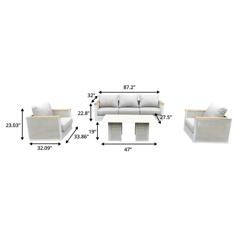 Arvin 4-Piece Outdoor Patio Conversation Set in Aluminum with Olefin Fabric Cushions Sintered Stone Rectangular Coffee Table