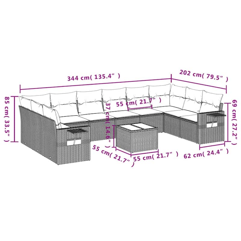vidaXL Patio Sofa Set with Cushions Outdoor Conversation Furniture Poly Rattan - 24.4 x 24.4 x 27.2
