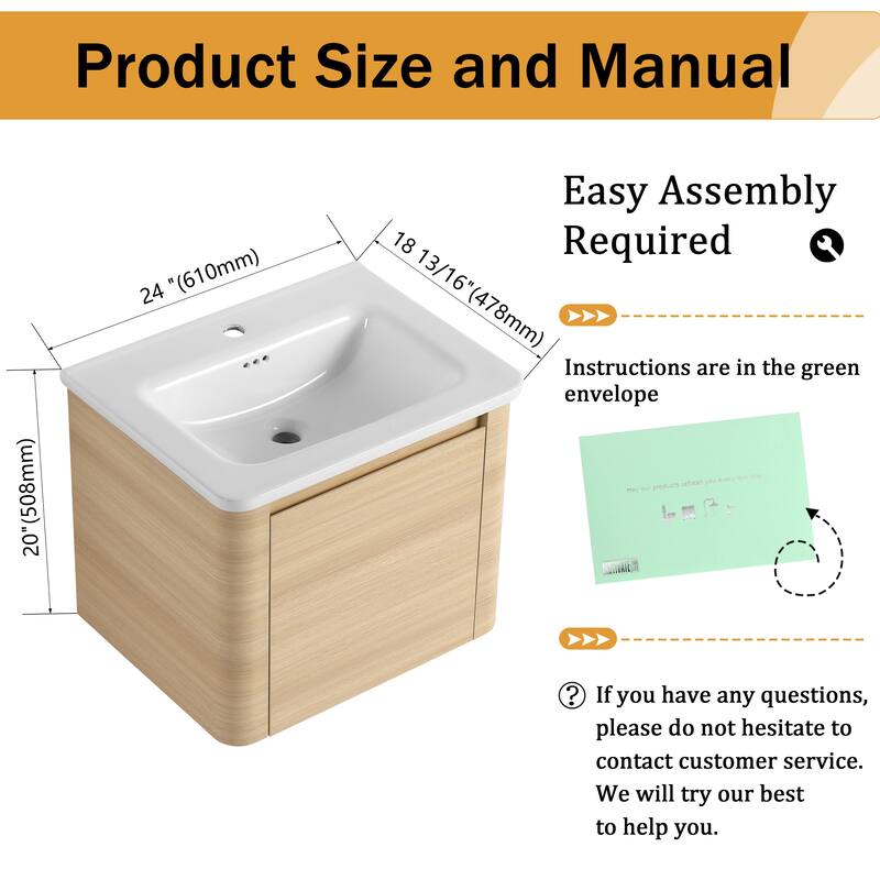 Malwee 24"/36"/48"/60" Floating Bathroom Vanity, Wall Mounted Bathroom Vanity with Ceramic Sink,Soft Close Door and Shelf