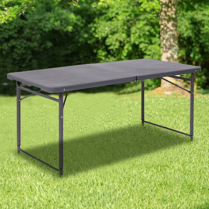 4-Foot Height Adjustable Bi-Fold Dark Gray Plastic Folding Table with Handle