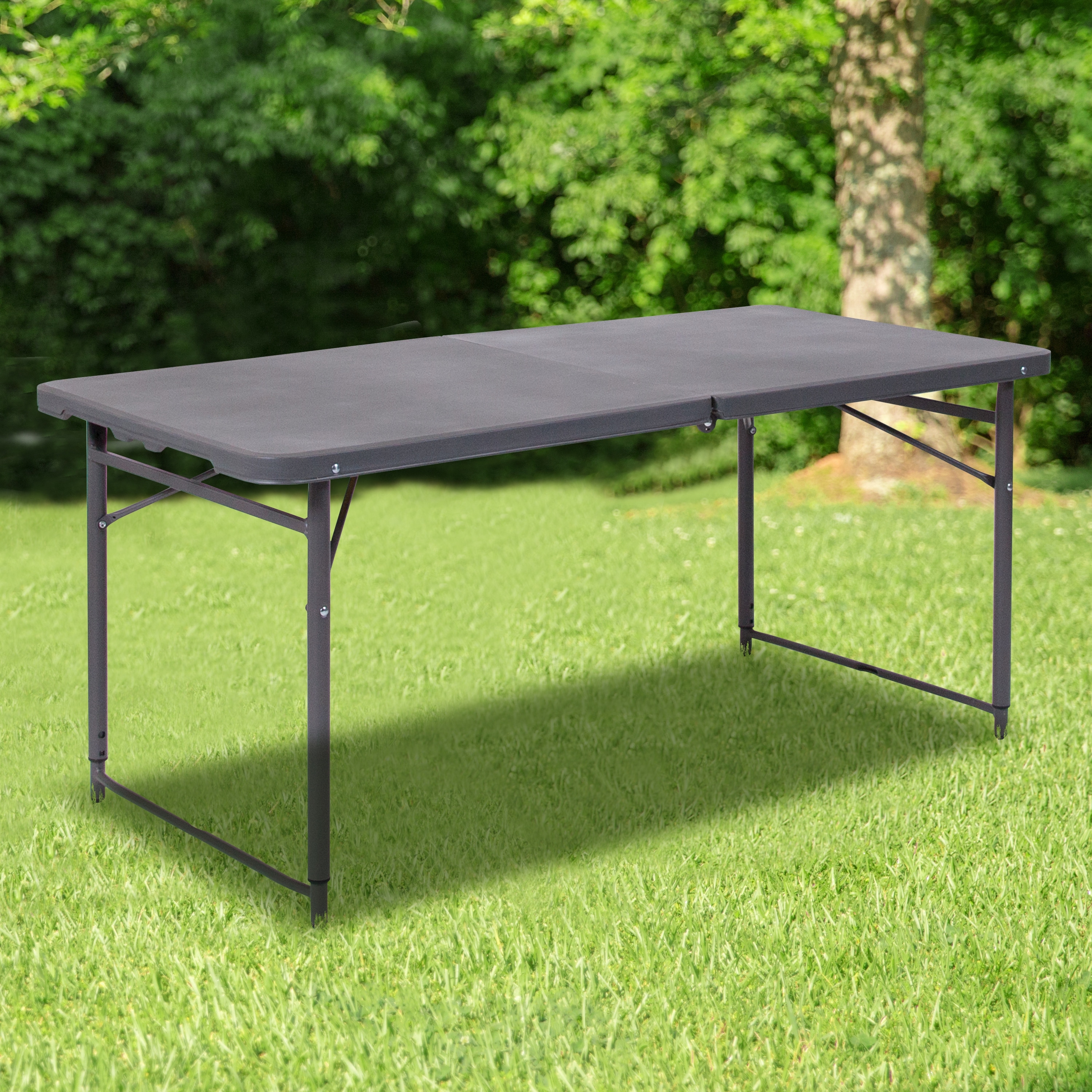 4-Foot Height Adjustable Bi-Fold Dark Gray Plastic Folding Table with Handle