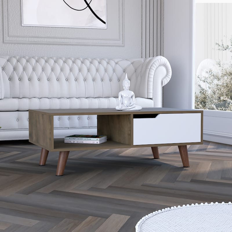 Coffee Table, One Drawer, Four Legs, Dark Brown / White Finish
