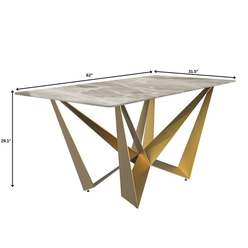 Nuvor Rectangular Sintered Stone or Glass Tabletop Dining Table with Powder-Coated Gold Steel Base for Kitchens & Dining Rooms