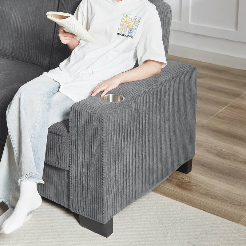 84.25" Corduroy 3-Seater Sofa, Cup Holder Armrests and Spring Cushions