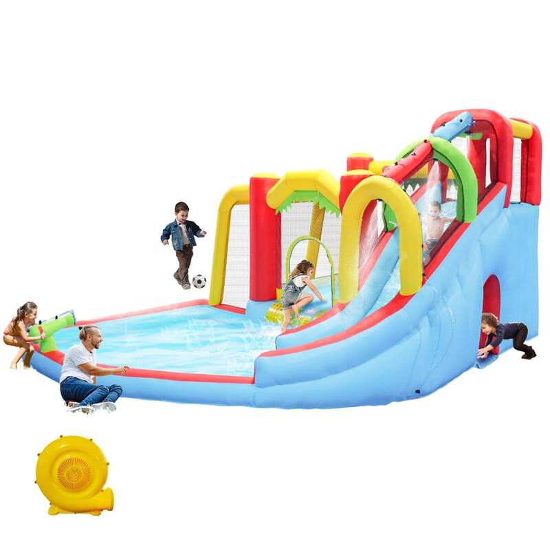 7 in1 Inflatable slide water park bouncing house outdoor Soccer garden bouncer with Splash pool & Water gun & Climbing wall - Multicolor