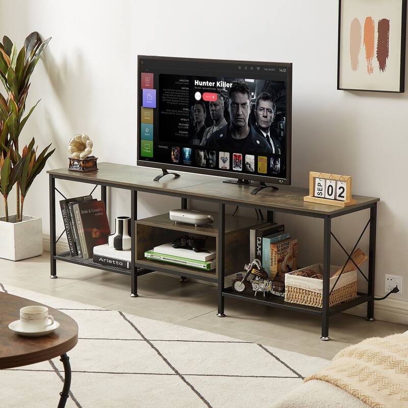 VECELO TV Stand 55/63/70 Inch Brown/Gray with 2 USB Ports & 4 AC Outlets Charging Station Open Storage Shelves TV Cabinet - 63-Inch - Brown