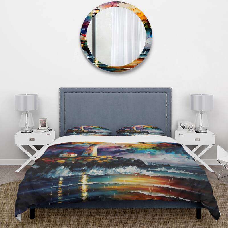 Designart "Lighthouse By The Ocean V" Purple Traditional - Bed Cover Set With Shams