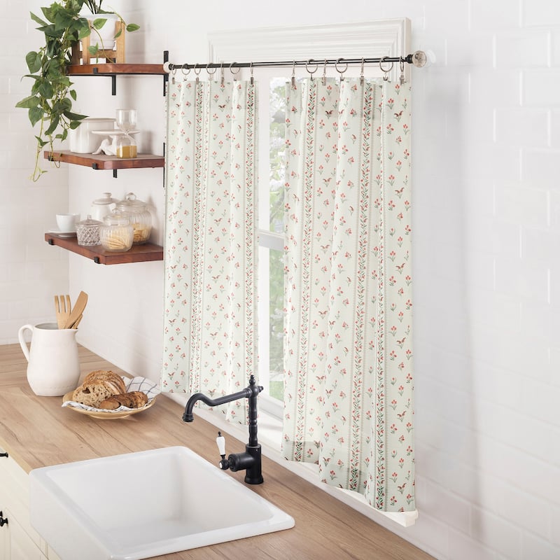 No. 918 Riverwood 2-piece Floral Stripe Semi-Sheer Rod Pocket Kitchen Curtain Tier Pair