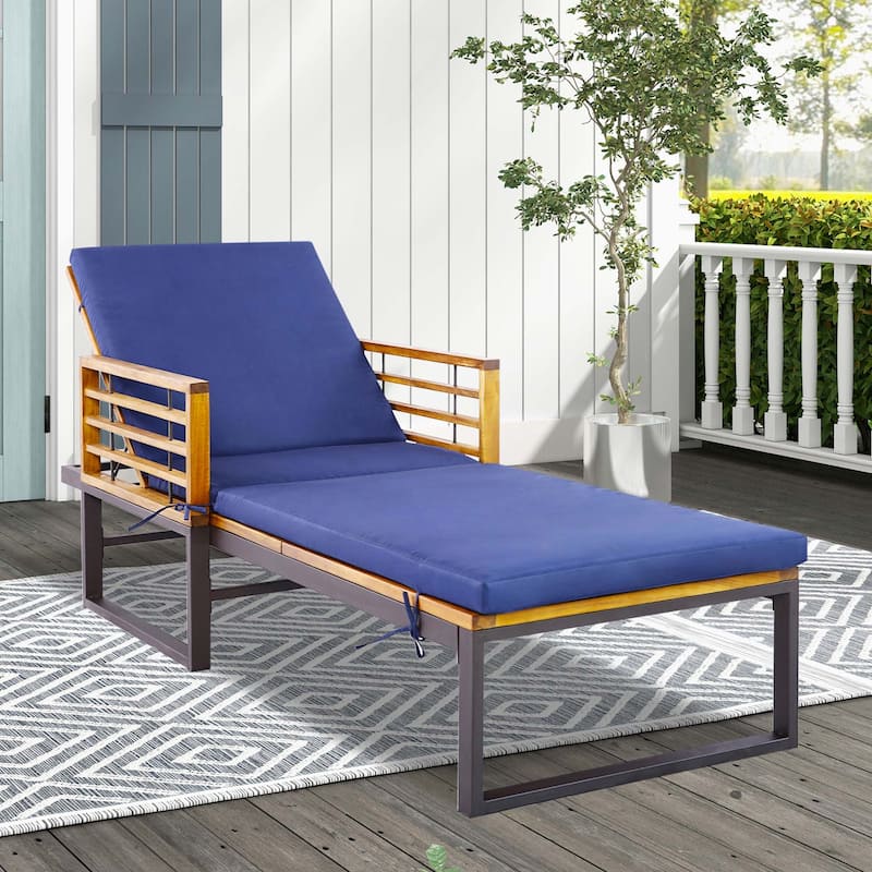 1/2 PCS Acacia Wood Chaise Lounge Patio Recliner w/Adjustable Backrest