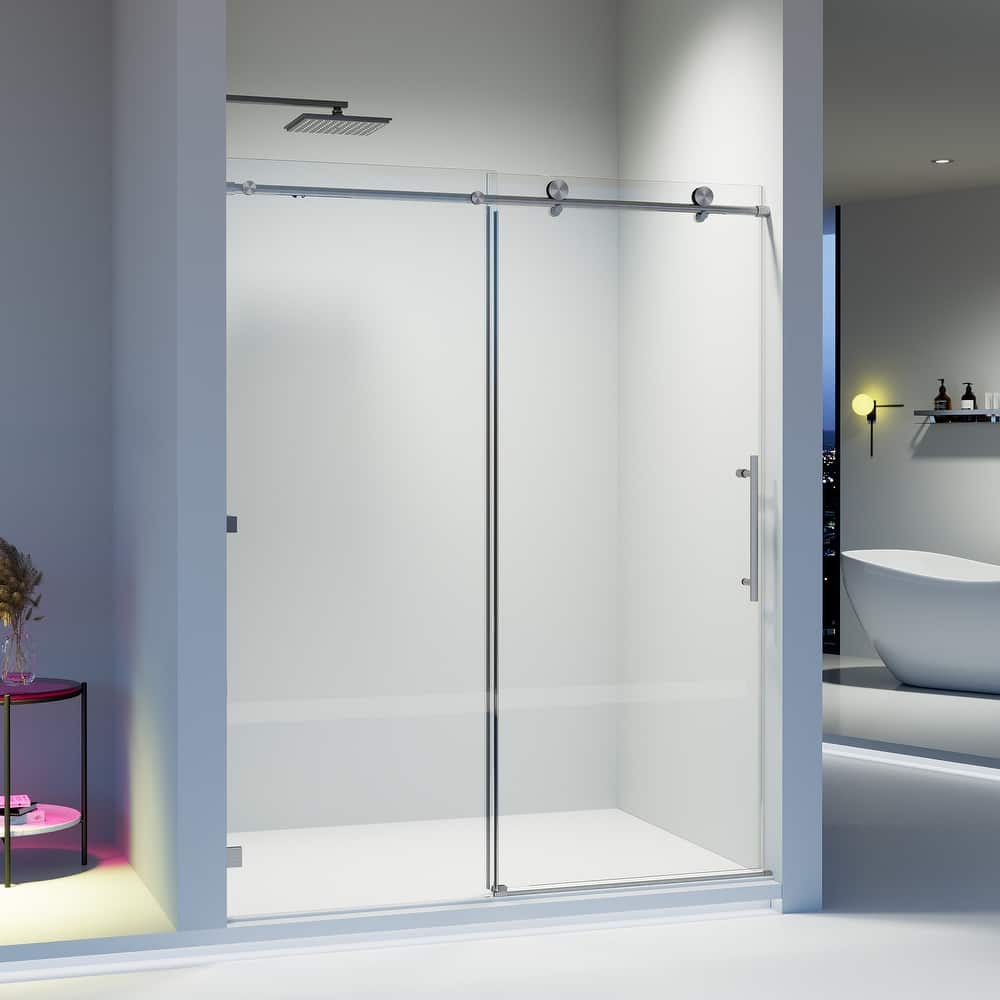 56-60" W x 74" H Frameless Single Sliding Shower Door, 8mm Tempered Glass, Soft-Close Panel, Reversible Install - 60x74"