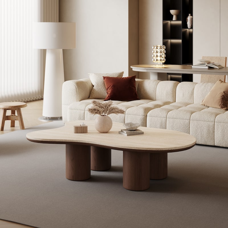 48“ Modern Wood Coffee Table, Matte Stone Top, cloud Shaped