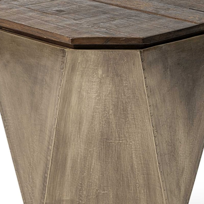 Brown Solid Wood Hexagon End Table with Brass Finish and Thick Top Frame - 19.3” x 19.3” x 21” (D x W x H)