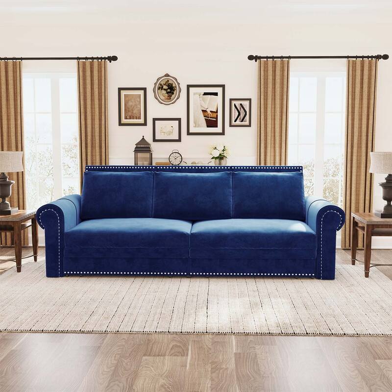 Pull Out Sofa Bed with Nailhead Trim & Rolled Arm,Multi-Functional for Living Room - Blue-Velvet