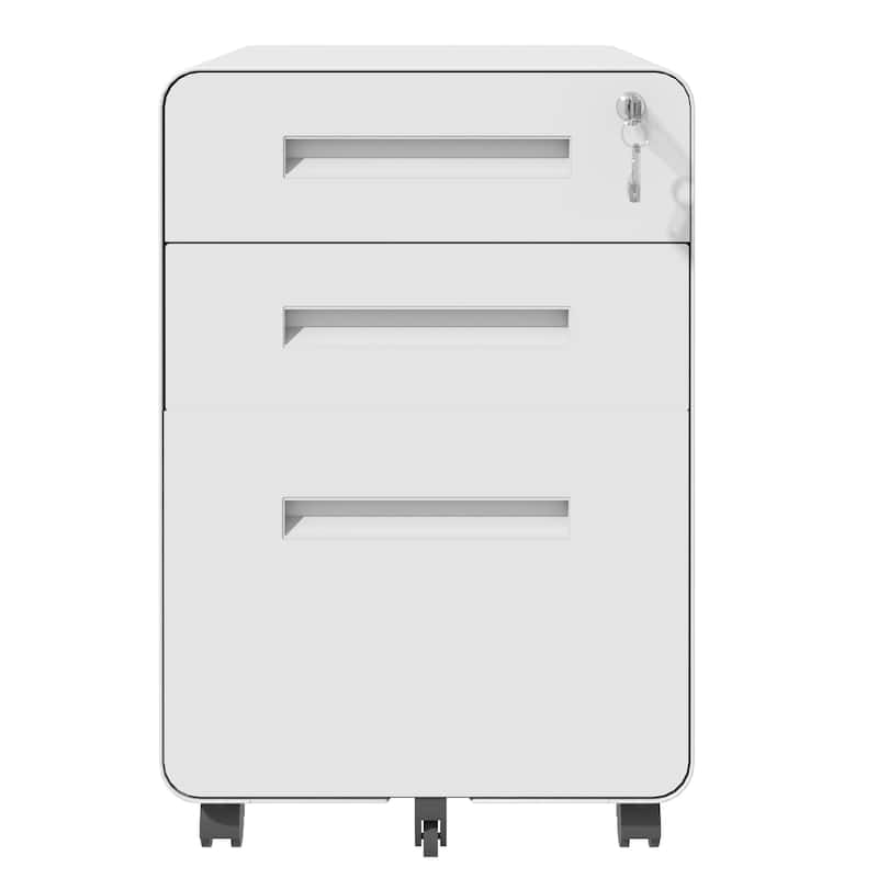 Modern 3-Drawer Wide Mobile File Cabinet with Lock and 4 Swivel Casters, for Office and Home Use, White