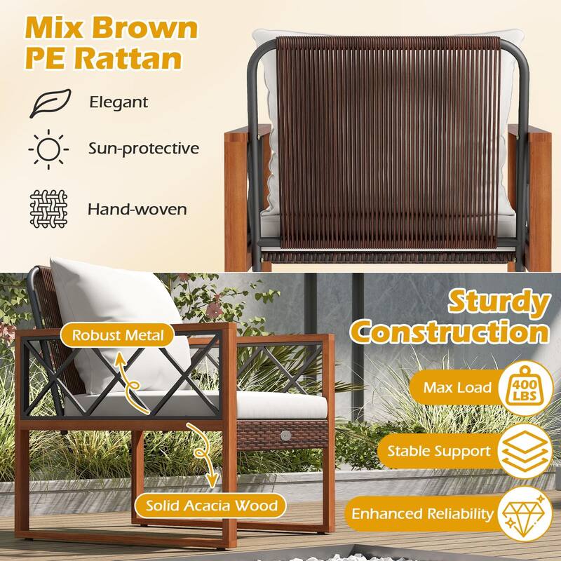 Gymax 3 Pieces PE Wicker Patio Set w/Solid Acacia Wood Frame & Soft