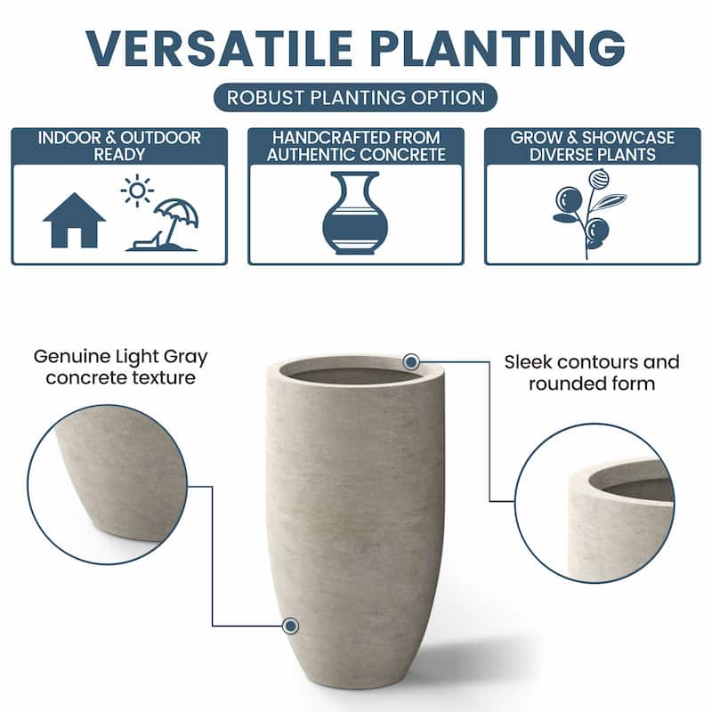 Textured Granite Gray Tall Concrete Round Plant Pots / Large Indoor and Outdoor flower Planters (13.5 Inch x 24.5 Inch)