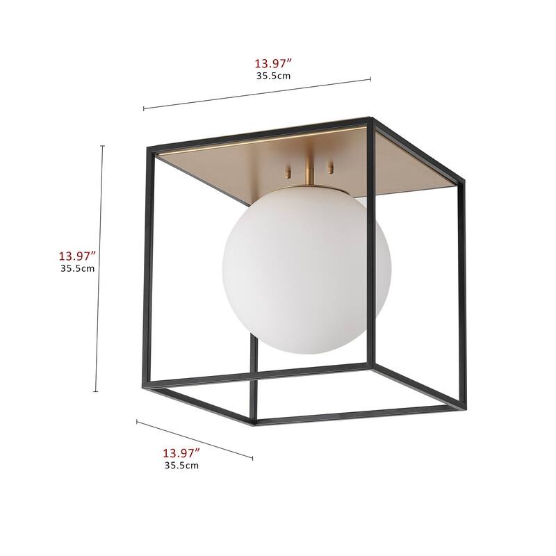 1-Light Metal Cube Frame Flush Mount Ceiling Light with Globe Glass Shade