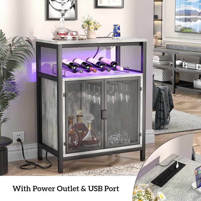 Wine Bar Cabinet with RGB Light and Outlet, Liquor Cabinet with Glass Holder and Wine Rack