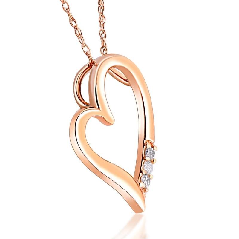 Diamond Heart Pendant Necklace 18" 3-Stone Rose Gold