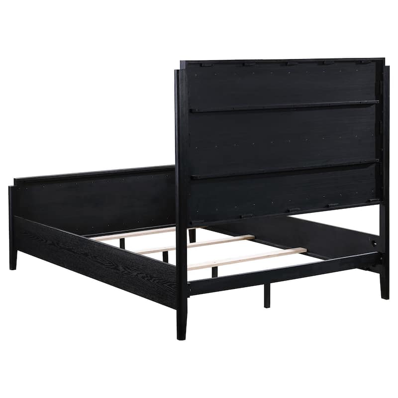 Jack Queen Size Bed, Channel Tufted Ivory Upholstery, Black Wood