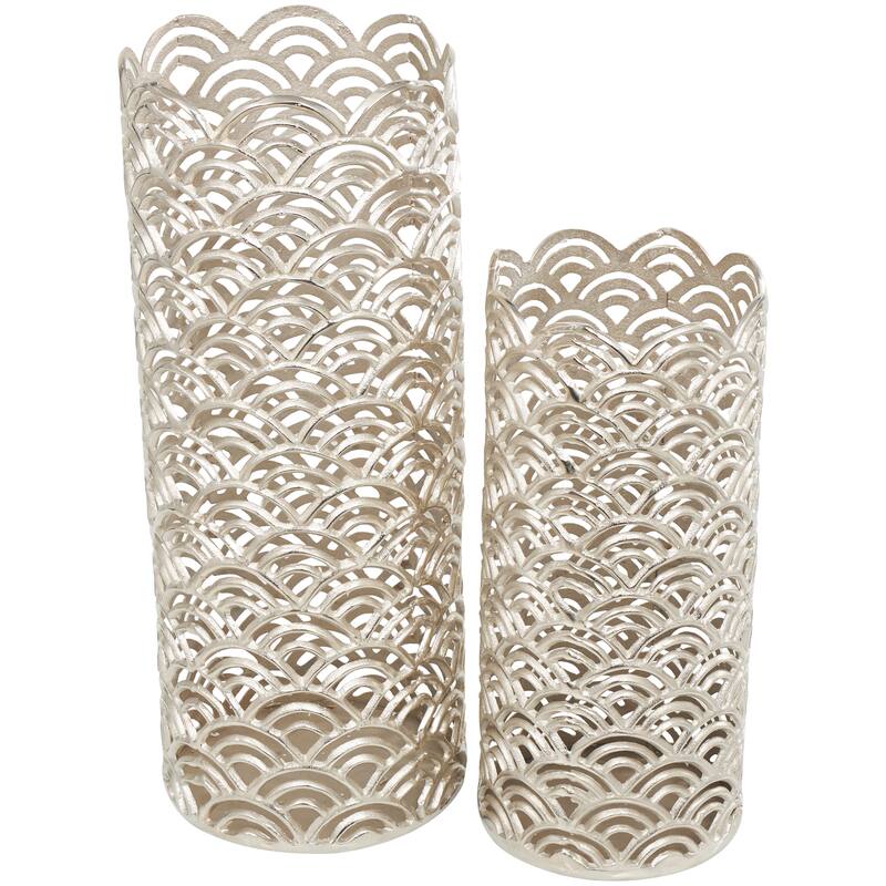 Silver or Gold Aluminum Metal Art Deco Inspired Geometric Vase with Arch Designs (Set of 2)