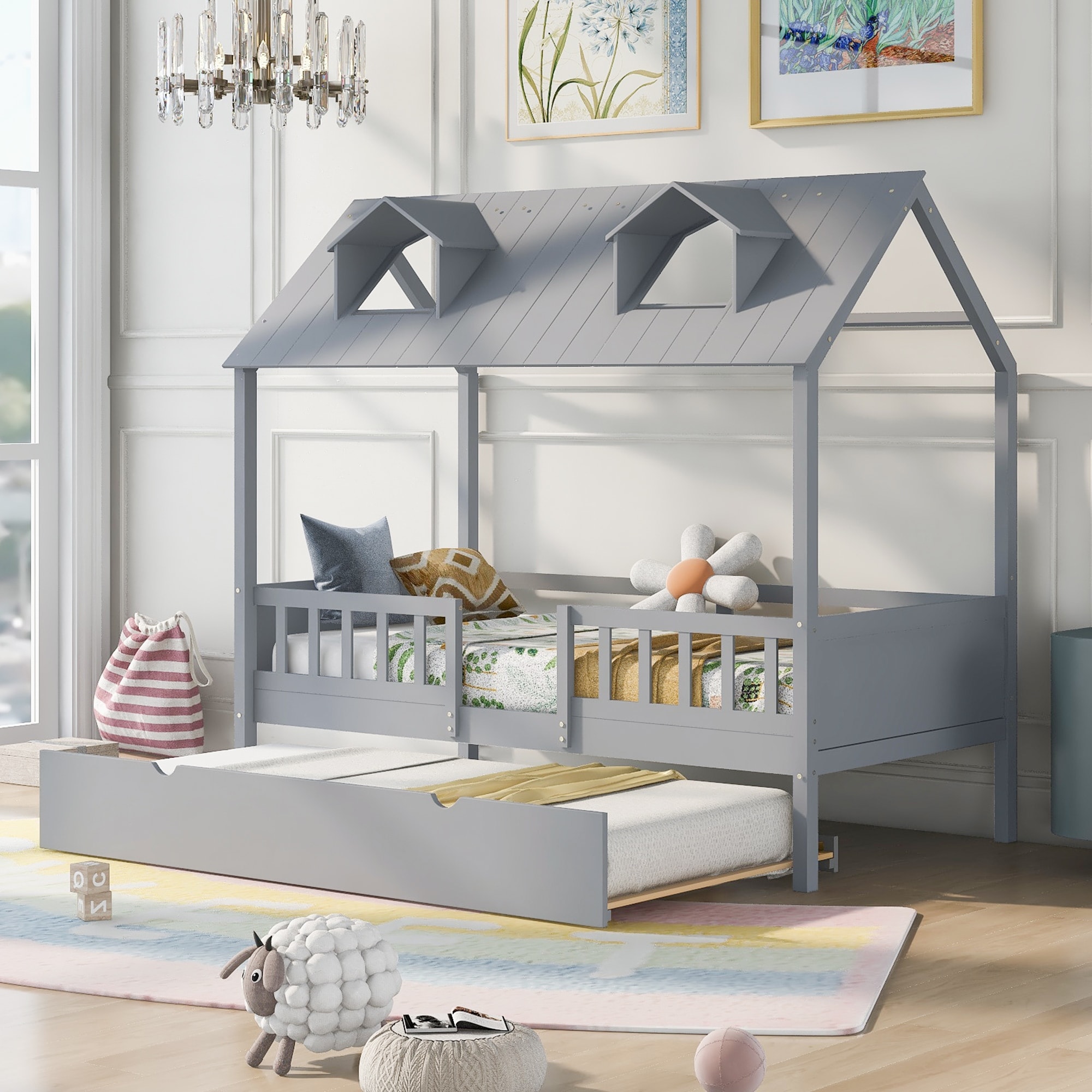 Twin Size House Bed with Trundle Wooden Platform Bed Frame with