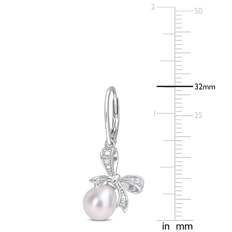 Miadora Sterling Silver Cultured FW Pearl & Diamond Accent Bow Leverback Drop Earrings (7.5-8mm)