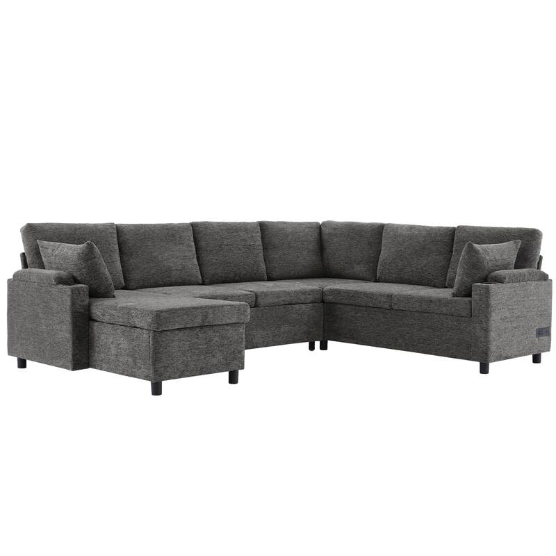 U-Shaped Chenille Sectional Sofa with Storage Chaise Lounge, Convertible Sleeper Sofa Bed with Cup Holders & Charging Ports