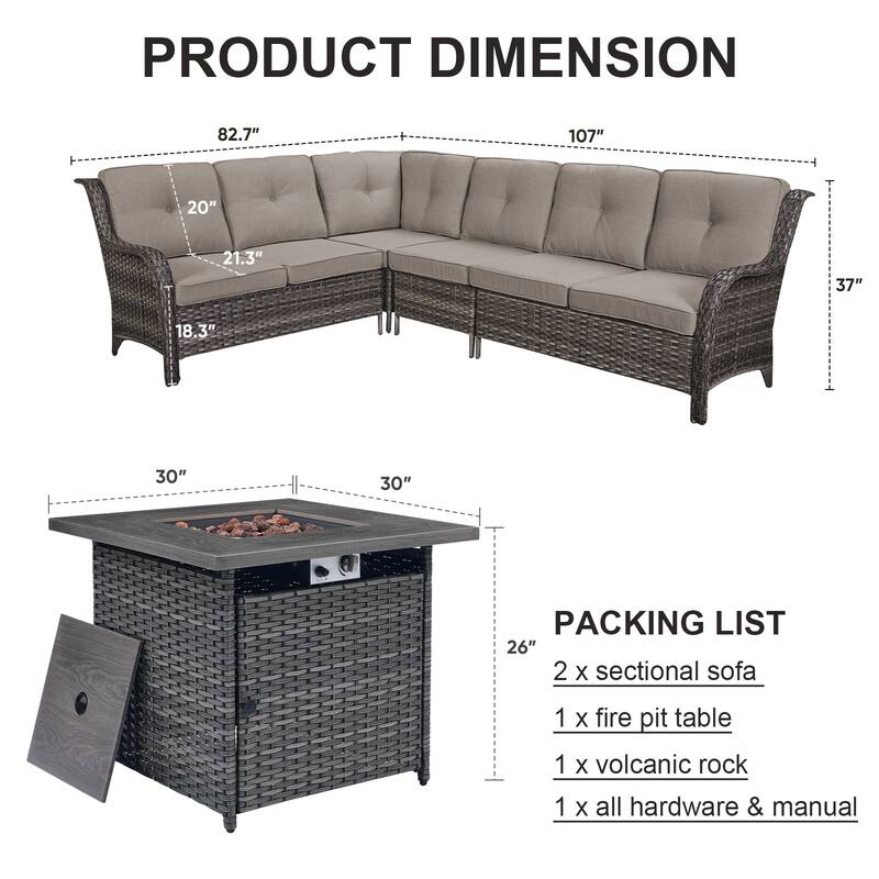Outdoor Patio Sectional Sofa Couch with Fire Pit Table - Grey