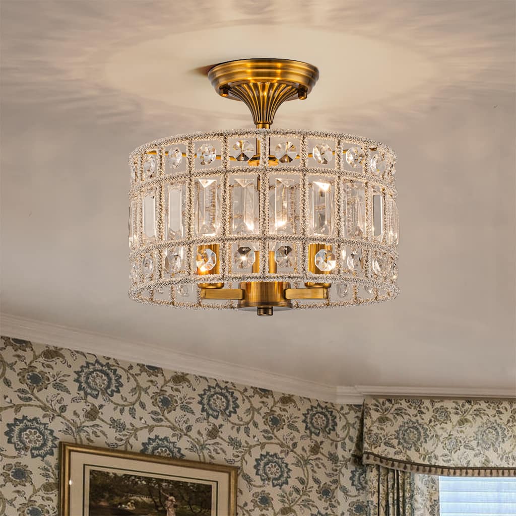 Retro French 3-Light Antique Brass Crystal Flush Mount Ceiling Light