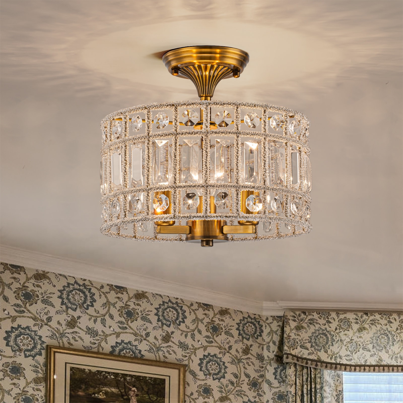 Retro French 3-Light Antique Brass Crystal Flush Mount Ceiling Light