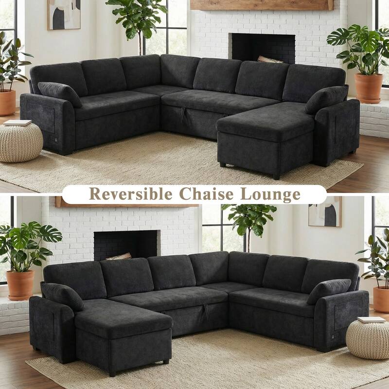 111.2" U-shaped Sofa with Reversible Chaise and Convertible Sofa Bed