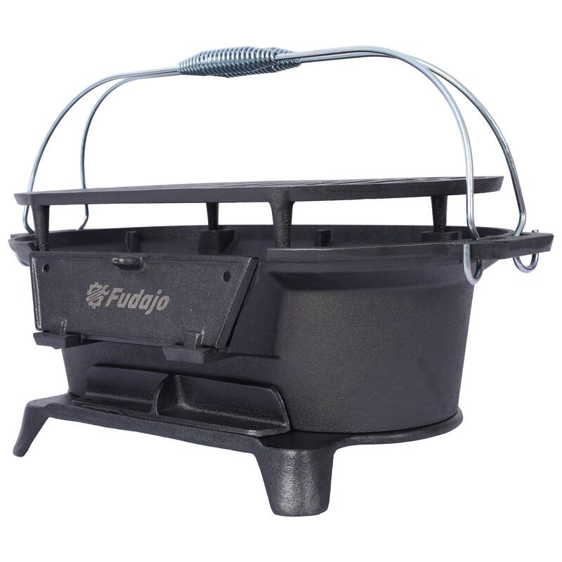 Oval Cast Iron Outdoor Grill Portable Small Charcoal Grill with Tabletop Cast Iron Frying Pan Enamel, for Camping Cooking