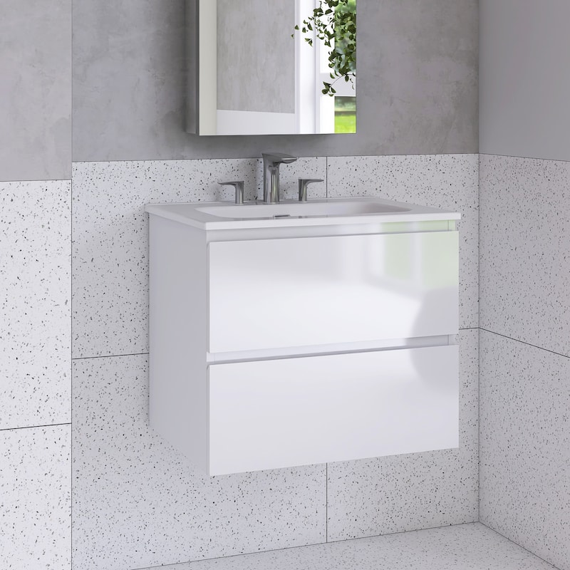 Floating Integrated Bathroom Vanity with Ceramic Sink, Three Faucet Holes