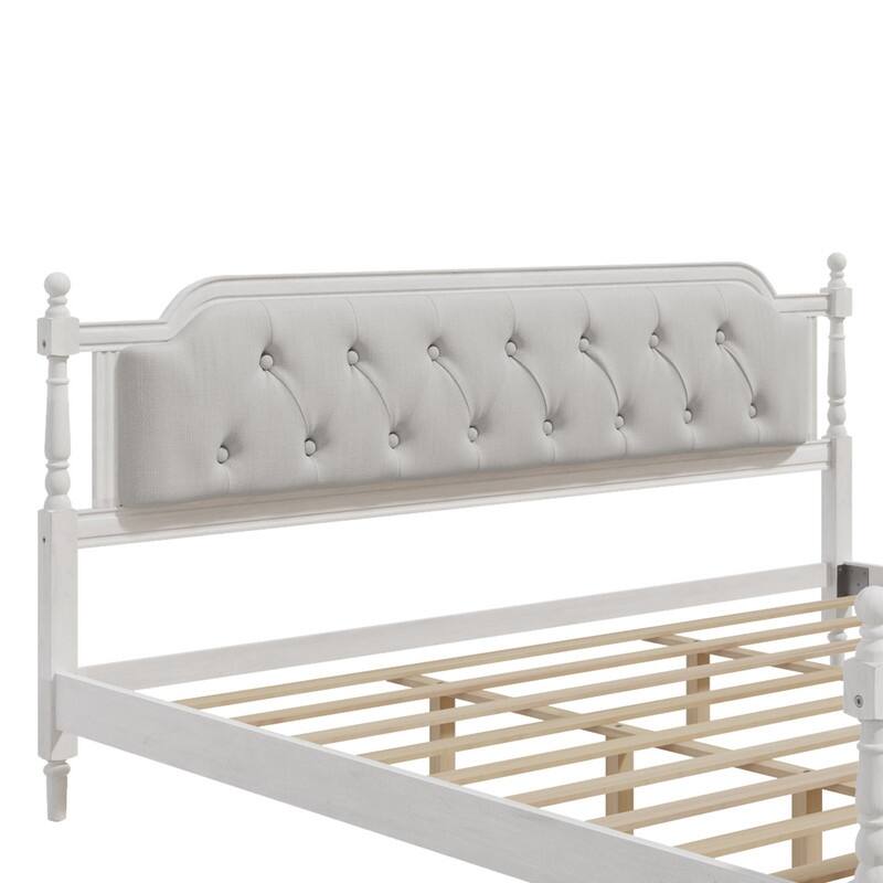 Traditional Style Solid Wood Bed Frame with Upholstered Tufted Headboard,No Box Spring Needed
