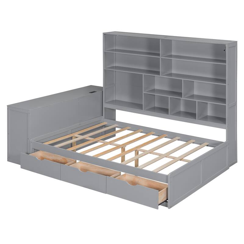 Full Size Wooden Daybed with Desk, Shelves, Drawers, and Lights in Gray
