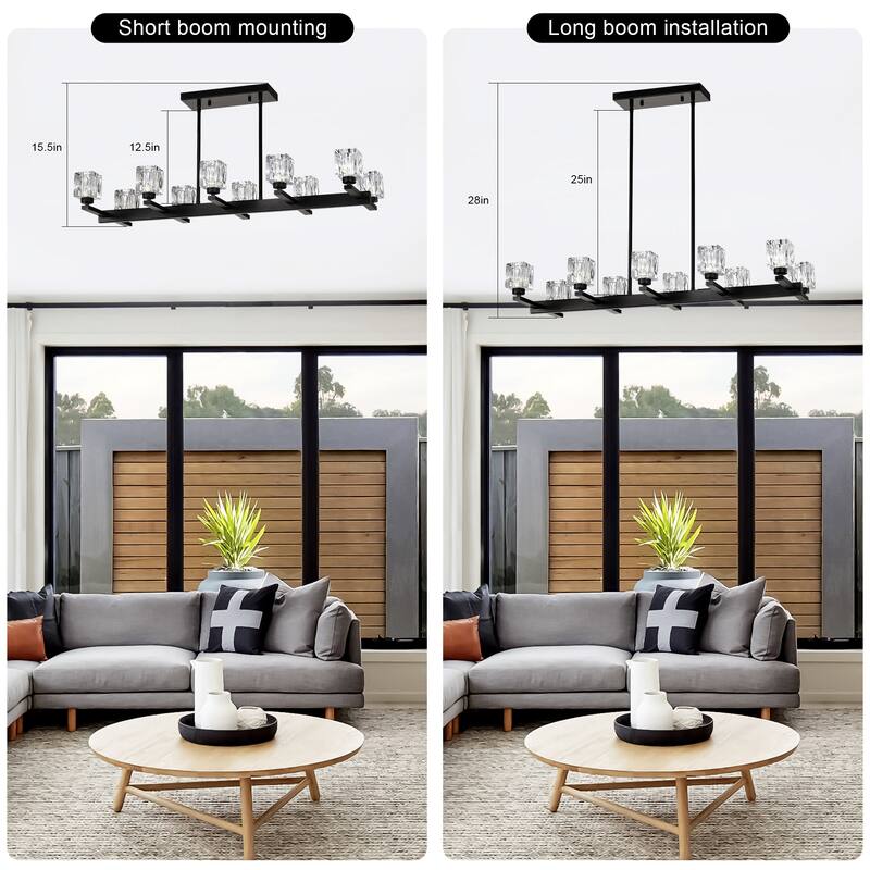 10-Light Black Farmhouse Chandelier, Crystal Linear Pendant Lighting for Dining Room, Kitchen Island, Bar Area, G9 Bulb,40W Max