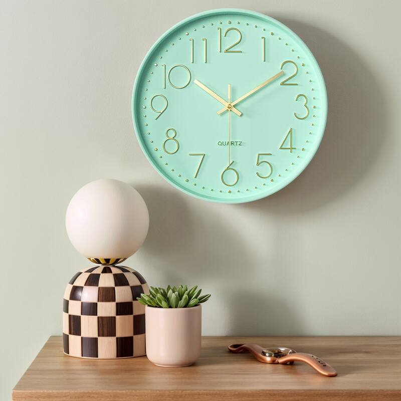 Simple Wall Clock, Big Number, Silent Non-Ticking Modern Battery Operated, Classic Analog Clocks Decorative 12x12x1.8 Inch - Green