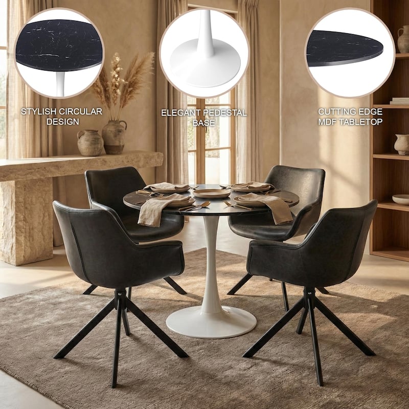 Bristol 35" Round Dining Table with Modern Glass, MDF or Sintered Stone - Sturdy Steel Pedestal Base for Kitchen, Dining, Cafe