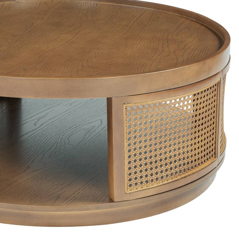 37'' Wooden Mid-Century Modern Round Coffee Table with PE Rattan Side for Living Room