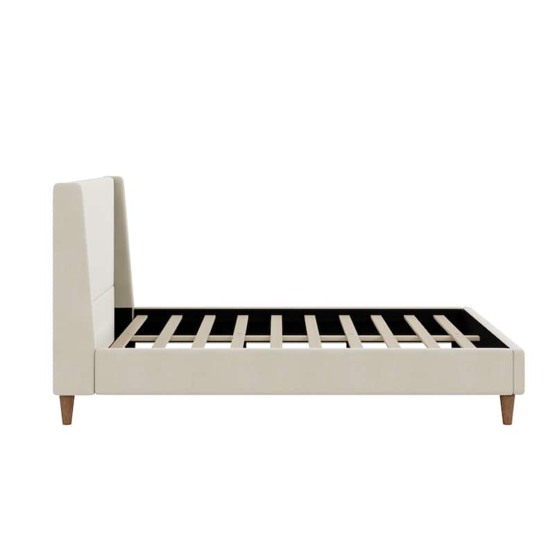 Upholstered Platform Bed with Wingback Headboard and Round Wooden Legs, Skin-friendly Upholstered Low-Profile Bed Frame