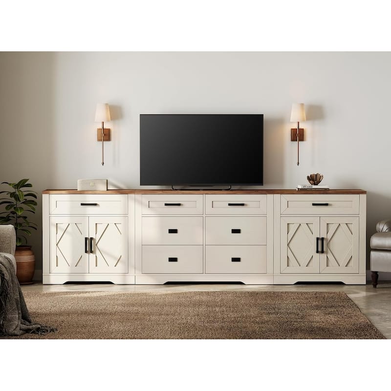 Large TV Stand,3/4-in-1 Farmhouse TV Console Table with Storage Barn Door Cabinet - 110 inches in width - Antique White