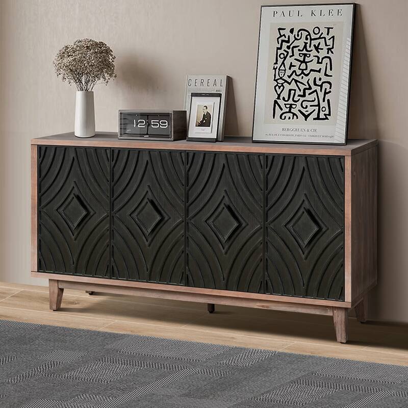 Mid Century Sideboard Buffet Cabinet with Solid Wood Legs 60" Kitchen Storage Cabinet Credenza with 4 Doors and 2 Shelves - Black