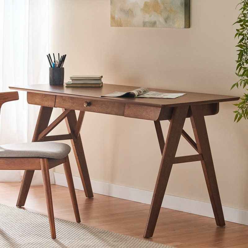 Wood Office Desk with Drawer, Mid-Century Modern, Walnut