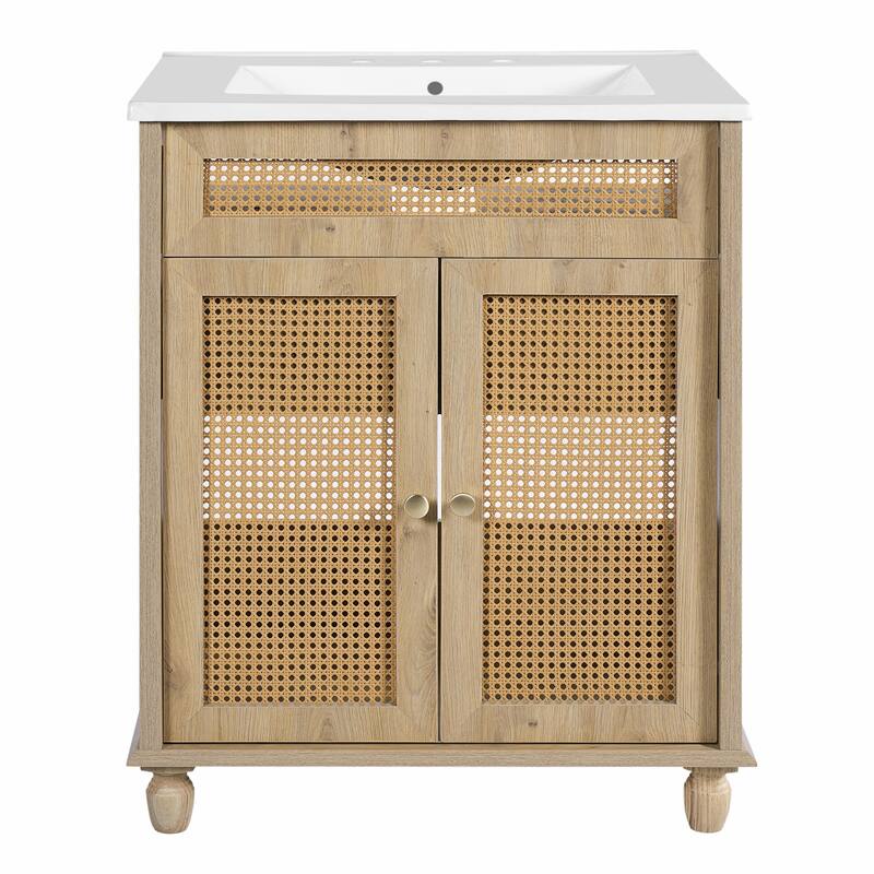 30-Inch Bathroom Vanity with Handwoven Rattan Doors, Solid Wood Legs & Resin Basin