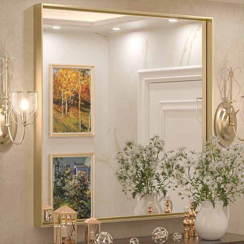 KEONJINN Modern Metal Framed Bathroom Vanity Wall Mounted Mirror - 36x36 - Gold