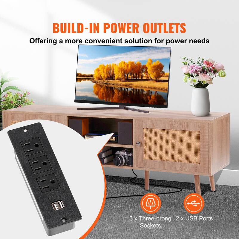 Rattan TV Stand, Mid Century Modern TV Stand, Boho Rattan TV Cabinet with Build-in Socket and USB Ports, Adjustable Shelfs