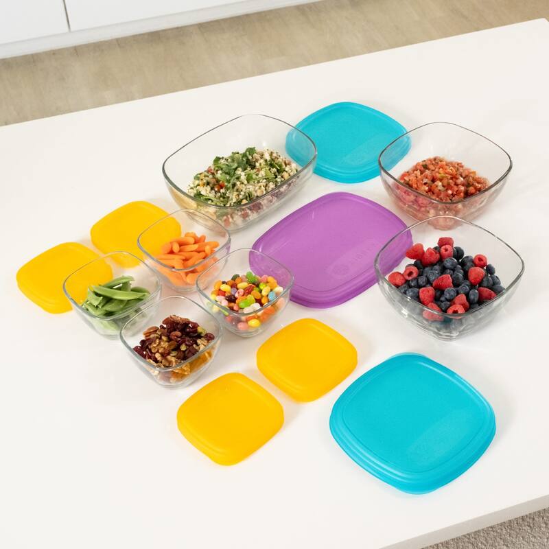 Libbey Serve It 14-Piece Glass Storage Container Set with 2-Cup, 6-Cup, and 8-Cup Bowls and Multi-Color Lids - Set of 14