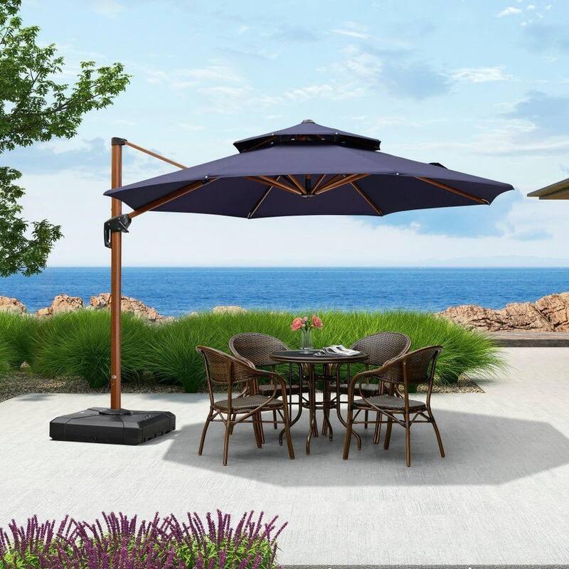 PURPLE LEAF 11ft Round Wood Pattern Patio Cantilever Umbrella with Base - Navy Blue